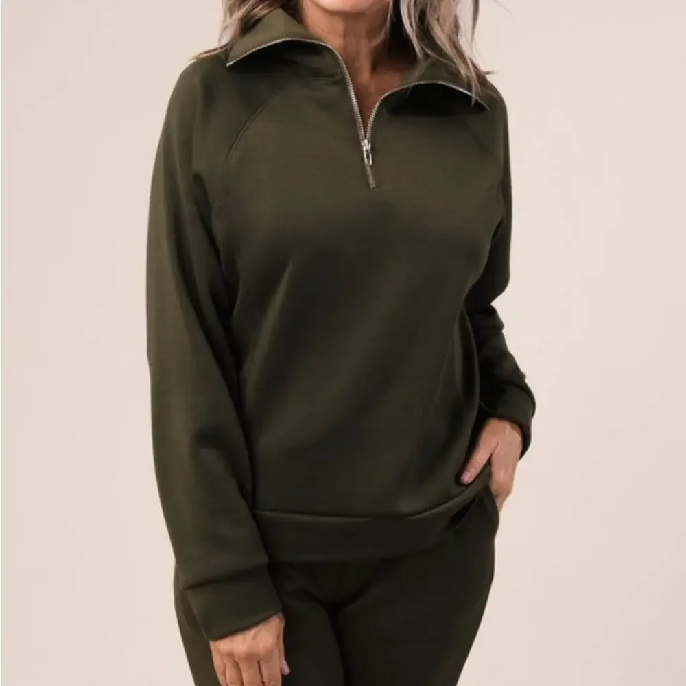 Dear Scarlett‎ Large Olive Green Hamptons Quarter Zip Pullover NWT